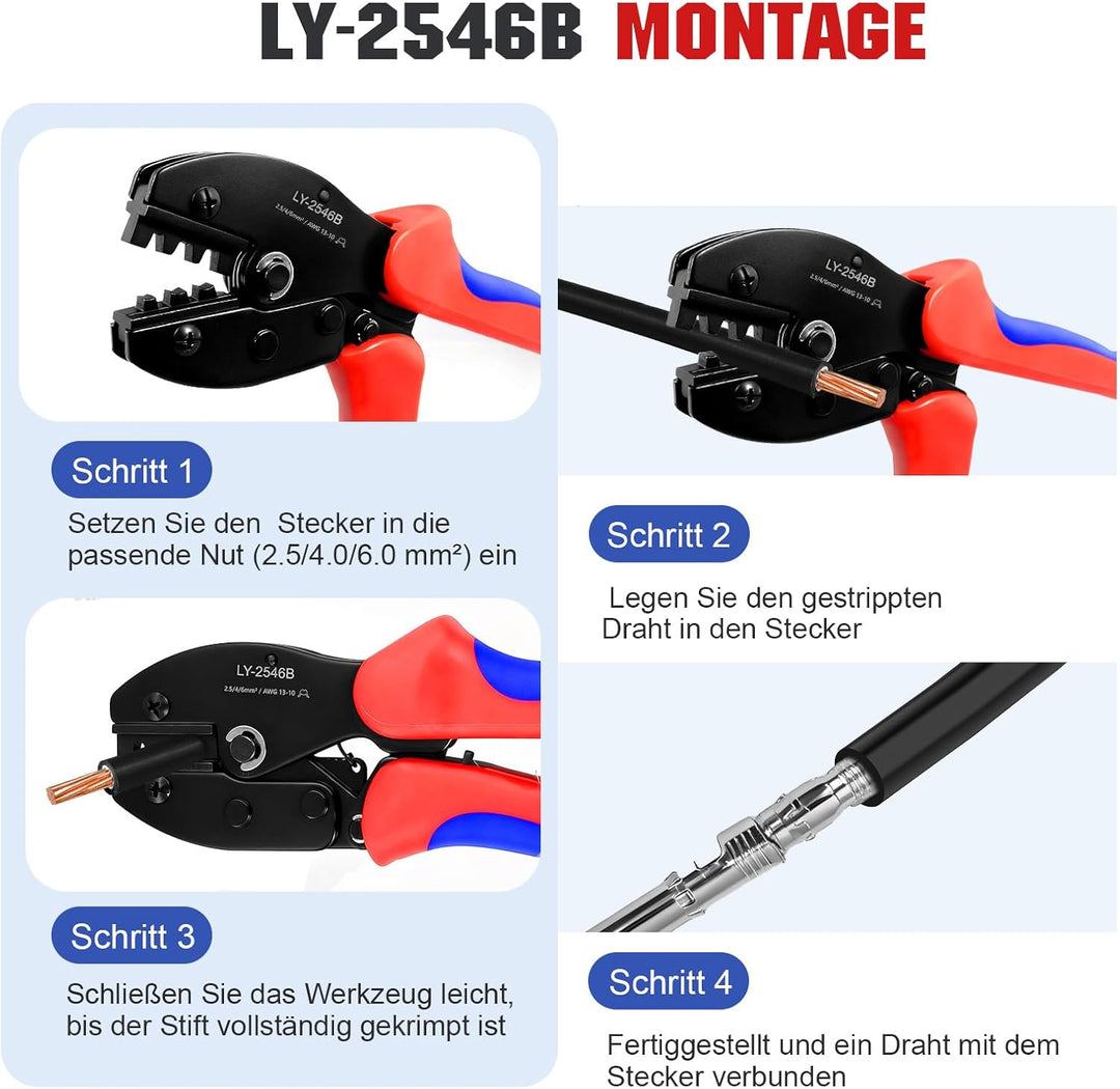 Solar Crimpzange Set, 10 Paar PV Stecker für Solarkabel (2.5/4/6 mm²) mit 2 Montageschlüssel für die