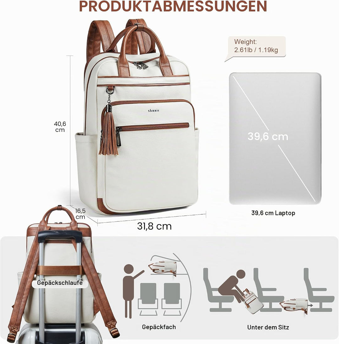 Shrrie Rucksäcke Damen, 15,6 Zoll Laptop Rucksäcke Leder Wasserdicht mit laptopfach, Computer-Rucksä