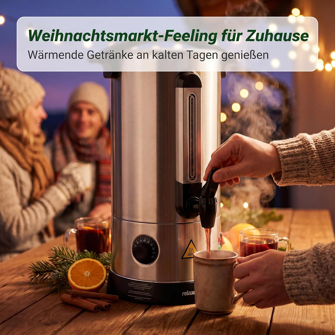 Relaxdays Glühweinkocher, 10 l, 30–110 °C, Zapfhahn, Thermostat, Silber | Füllstandsanzeige, Edelsta
