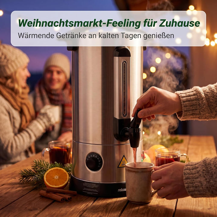 Relaxdays Glühweinkocher, 10 l, 30–110 °C, Zapfhahn, Thermostat, Silber | Füllstandsanzeige, Edelsta