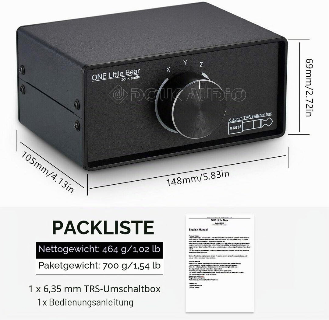 Douk Audio Mini 3-Way Tragbar Mono/Stereo 6.35mm TRS Audio-Umschalter Switcher Box Kopfhörer Splitte