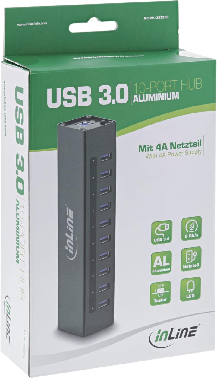 InLine 35395C USB 3.0 Hub, 10 Port, Aluminiumgehäuse, schwarz, mit 4A Netzteil Single, Single