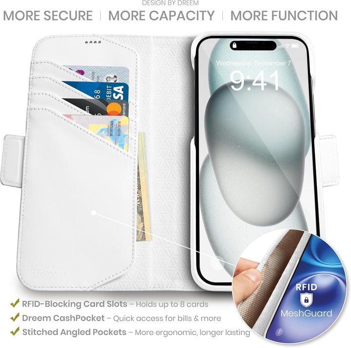 Dreem Fibonacci iPhone 15 Brieftaschen-Etui / 2-in-1 stossfestes Etui und abnehmbares Folio aus vega