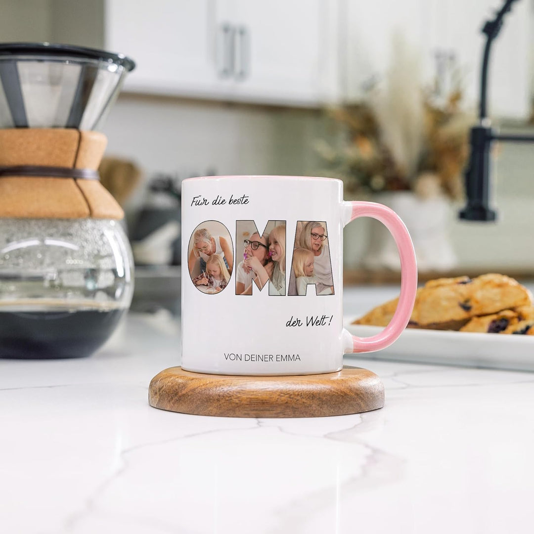 Oma Geschenk Tasse mit Foto, Personalisierte Fotogeschenke mit Enkelkinder, Beste Oma der Welt, Gros