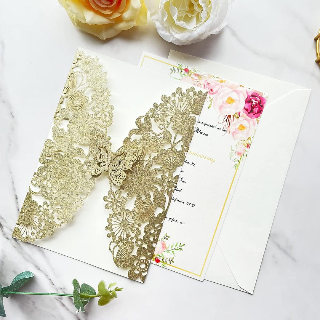 Hosmsua 20 x Blanko-Champagner-Gold-Glitzer-Hochzeitseinladungskarten mit Schmetterlingsspitze, Flor
