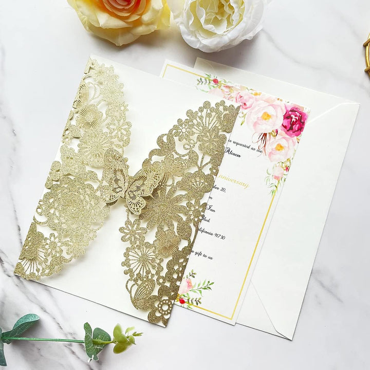 Hosmsua 20 x Blanko-Champagner-Gold-Glitzer-Hochzeitseinladungskarten mit Schmetterlingsspitze, Flor