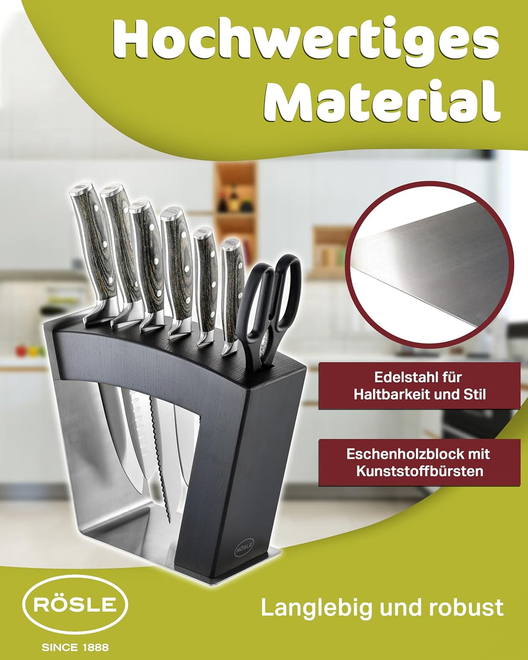 RÖSLE Messerblock MoveX schwarz, Hochwertiger Design-Messerblock aus Edelstahl und Eschenholz, sicht