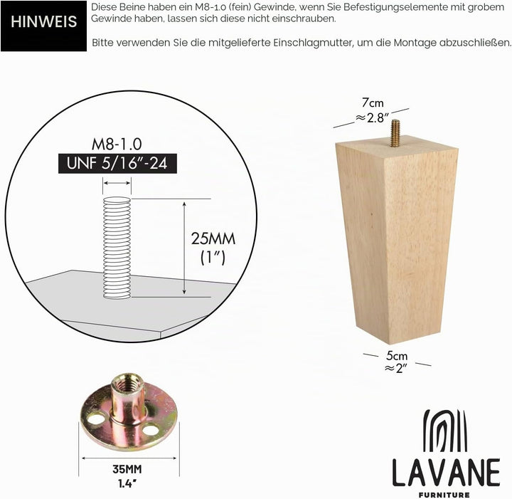 La Vane 4 Stück Möbelfüsse aus Massivholz - 12cm Höhe, Unlackiert, Pyramidenform mit M8 Gewindebolze