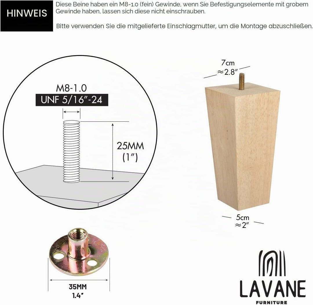 La Vane 4 Stück Möbelfüsse aus Massivholz - 10cm Höhe, Unlackiert, Pyramidenform mit M8 Gewindebolze