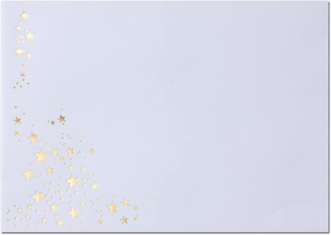 50x Weihnachts-Briefumschläge - DIN B6 - mit Gold-Metallic geprägtem Sternenregen - Farbe: Weiss - H