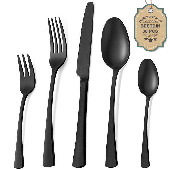 Bestdin Besteck Set 6 Personen, 30 teilig Edelstahl Besteckset Schwarz Matt, Essbesteck Set mit Mess