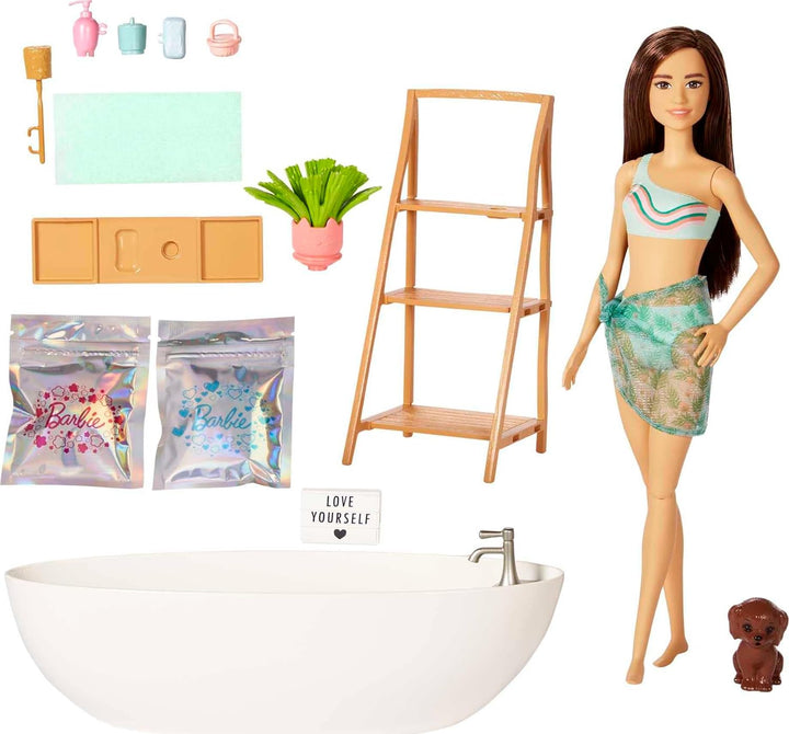 Barbie Self-Care Serie, Konfetti-Bad, Barbie-Puppe mit braunen Haaren, Badeanzug, Welpe, Badewanne,