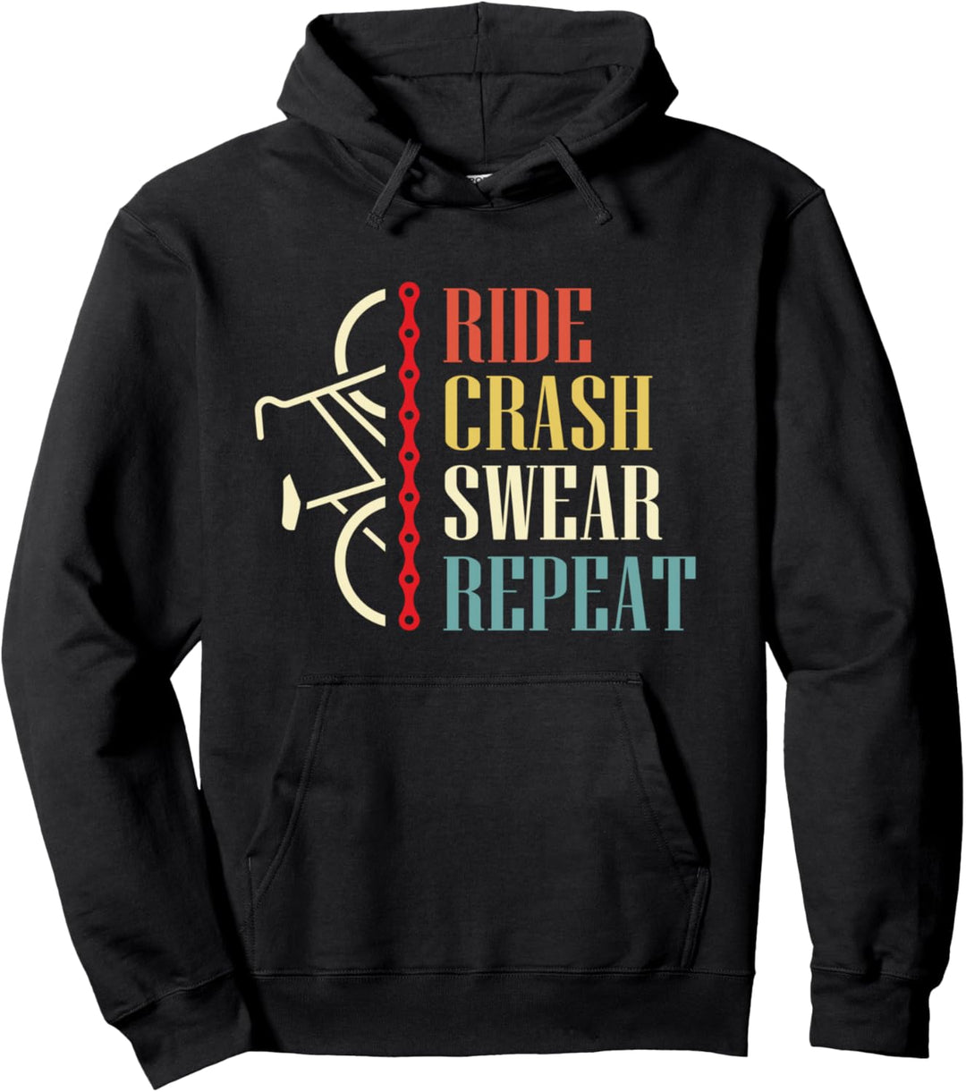 Vintage Ride Crash Swear Repeat - Funny Retro Mountain Bike Pullover Hoodie