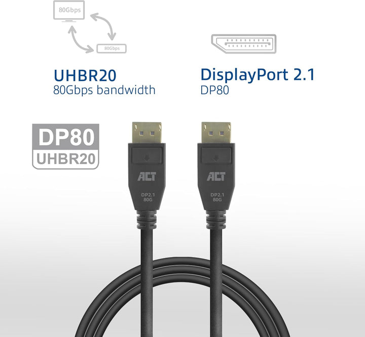 ACT DisplayPort 2.1 Kabel, 2m, 80 Gbps UHBR20, Unterstützt 10K@30Hz/8K@60Hz/4K@240Hz, DP80 - AK4082,