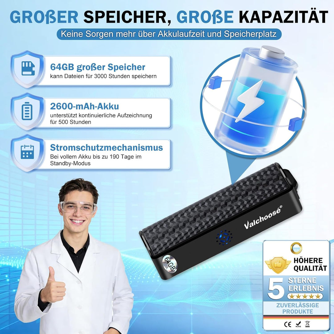 Valchoose 64 GB Digitales Diktiergerät – Aufnahmegerät Klein mit One-Touch-Aufnahme, Magnetfunktion