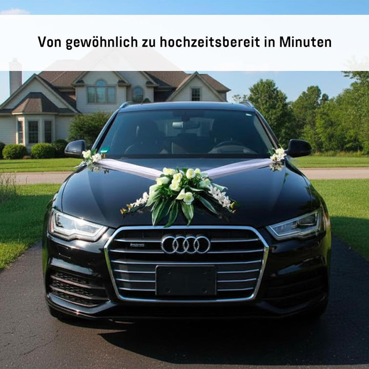 Spitze STRAUss Auto Schmuck Braut Paar Rose Deko Dekoration Hochzeit Car Auto Wedding Deko PKW (Weis