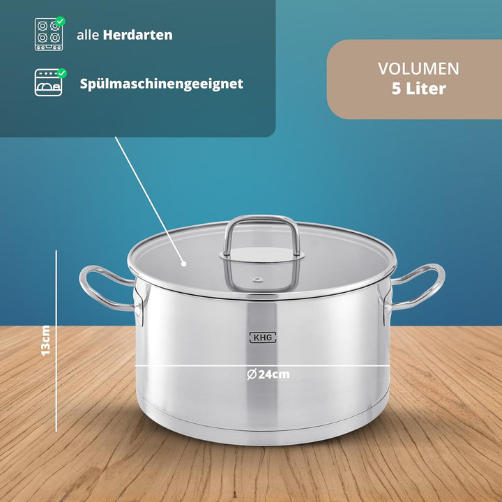 KHG Topf Kochtopf Fleischtopf 24 cm Induktion, Edelstahl unbeschichtet inkl. Glasdeckel | 11,5 cm ho
