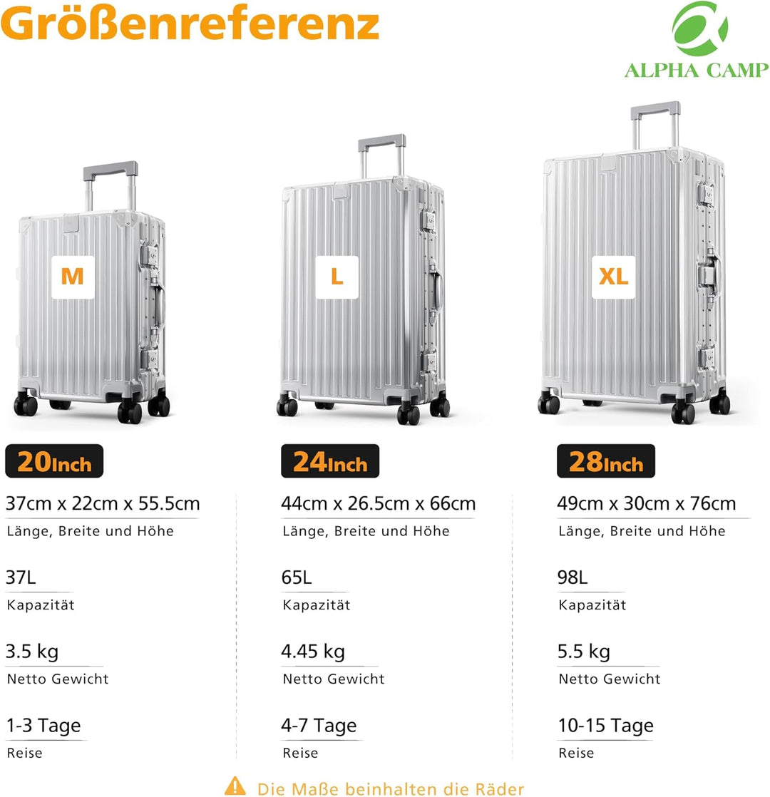 ALPHA CAMP Koffer XL Reisekoffer mit Rollen TSA Schloss, Hartschalenkoffer Gross Suitcase Aluminium