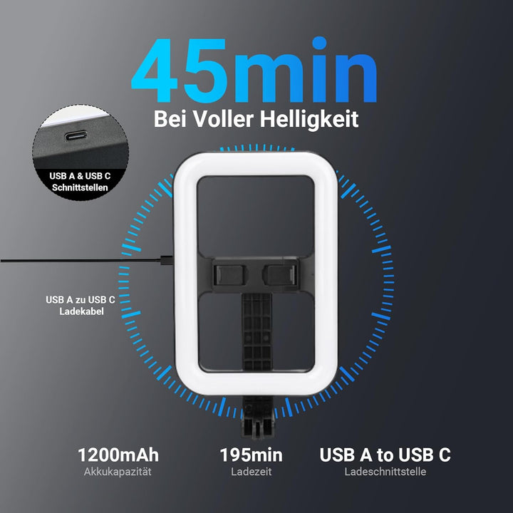 NEEWER Basics 10W Selfie Licht mit Stativ, 1200mAh LED Quadrat Ringlicht, 72" Selfie Stick Handyhalt