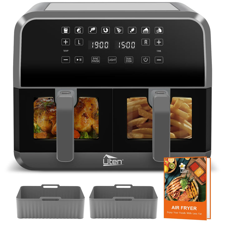 Uten Doppel Heissluftfritteuse, 8L Heissluftfritteuse Dual Zone Sichtbar, XXL Airfryer mit 2 Kammern