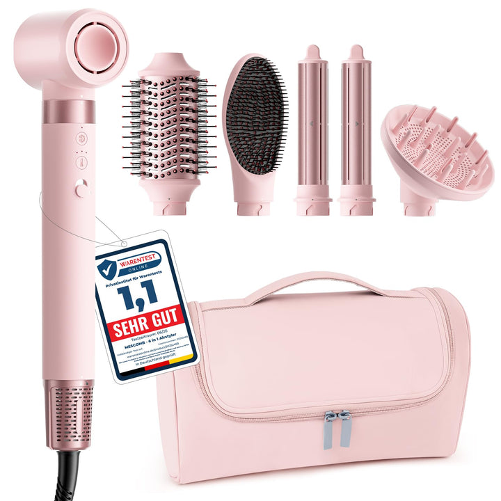 MESCOMB 6-in-1 Airstyler, Hairstyler mit Auto-Wrap Lockenstab &amp; Föhnbürste Rosa Perlato, Rosa Perlat