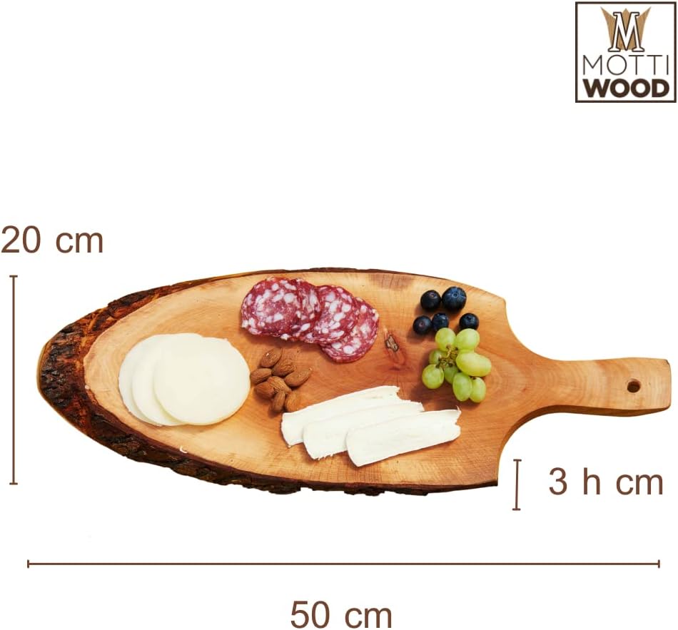 Schneidebrett mit Rinde mit Griff, Aperitiftablett aus echtem Holz, Masse 50 x 20 x 3 cm (2 Stück)
