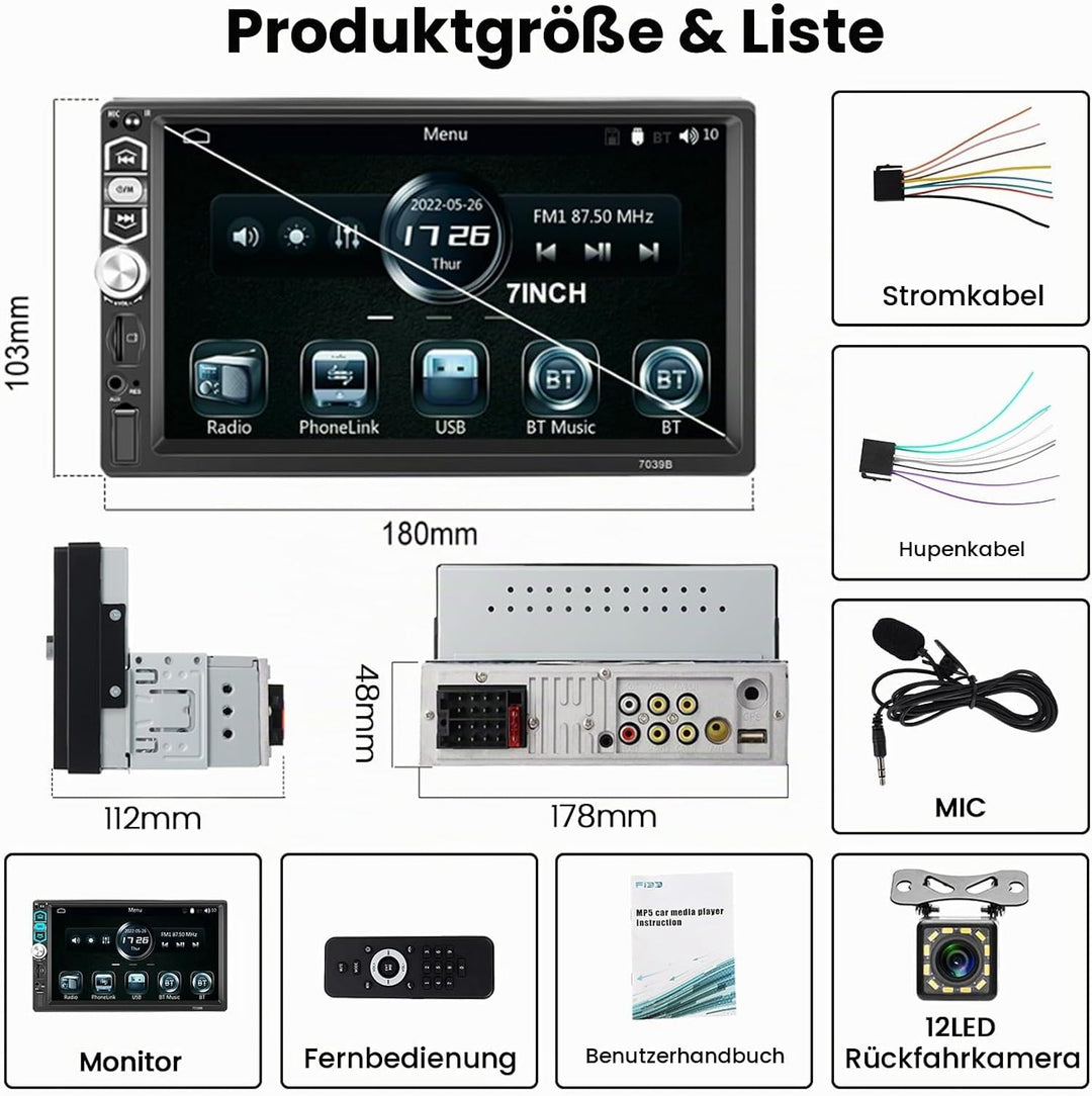Hikity Autoradio 1 Din Wired Carplay Android Auto mit Bluetooth Freisprecheinrichtung Bildschirm, 7