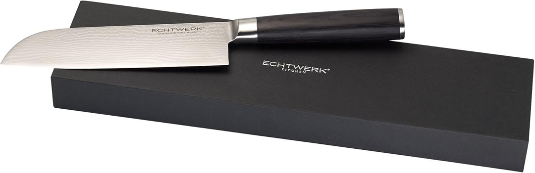 ECHTWERK Damastmesser Set 7tlg. Inkl. Magnet-Messerblock aus Holz & EW-DM-0360 Damastmesser Santokum