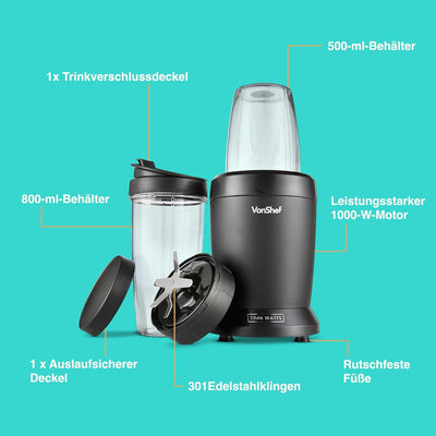 VonShef Personal Blender Multifunktionaler, leistungsstarker Smoothie-Mixer für Obst, Gemüse, Shakes