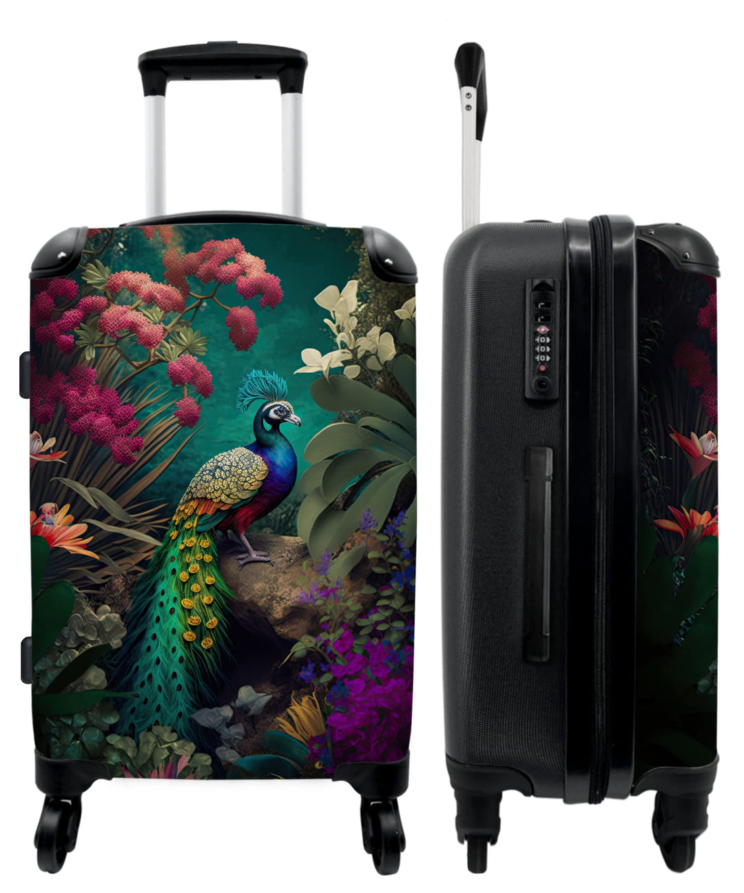 Koffer gross Trolley Rollkoffer Reisekoffer mit 4 Rollen Fotokoffer - Pfau - Federn - Blumen - Vogel