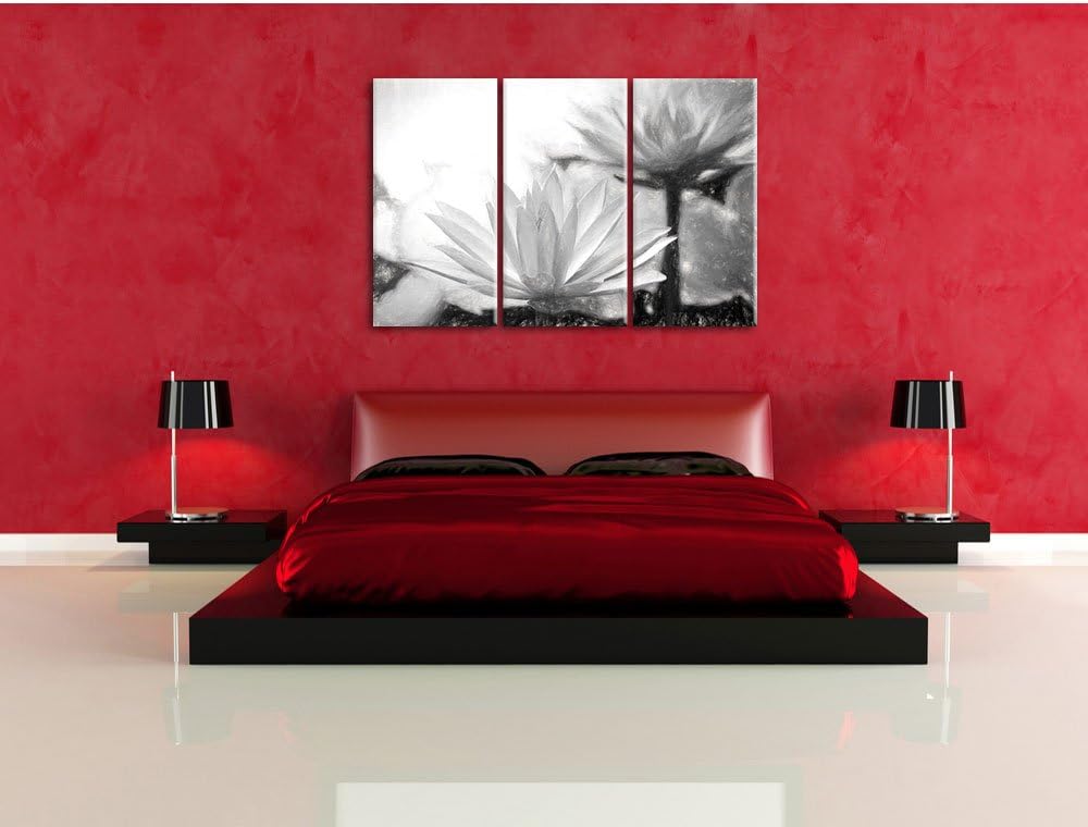 Pixxprint Lilafarbene Wasserlilie Kunst Kohle Effekt 3-Teiler Leinwandbild 120x80 Bild auf Leinwand