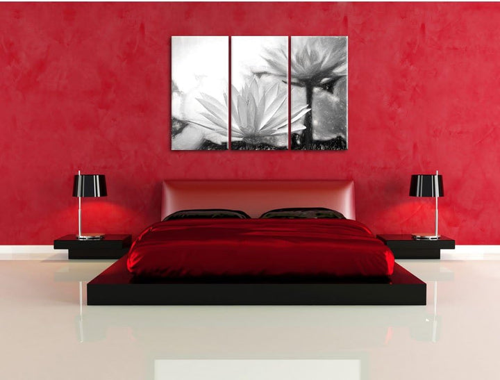 Pixxprint Lilafarbene Wasserlilie Kunst Kohle Effekt 3-Teiler Leinwandbild 120x80 Bild auf Leinwand