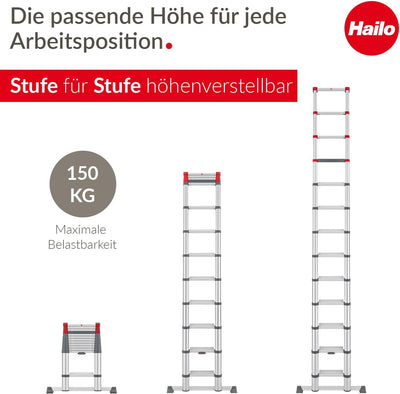 Hailo T100 FlexLine Sicherheits-Teleskopleiter - ausziehbare Leiter aus Aluminium mit bis zu 13 Stuf