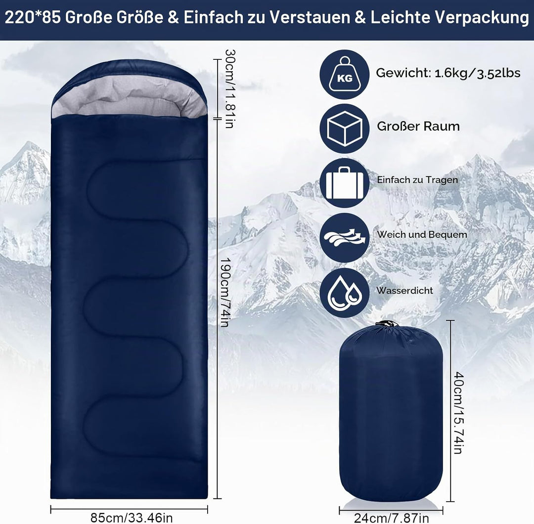 Dunkel Blau 220x85cm Wasserdichter Schlafsack mit Kompressionsbeutel, 3 Jahreszeiten Schlafsack 1.6k