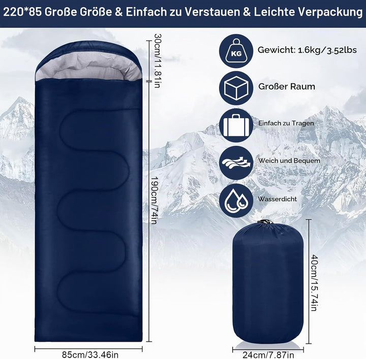Dunkel Blau 220x85cm Wasserdichter Schlafsack mit Kompressionsbeutel, 3 Jahreszeiten Schlafsack 1.6k