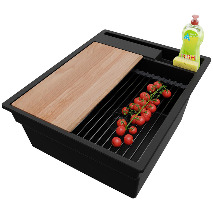 Spülbecken Alles Schwarz 43x53 cm, Granitspüle 1 Becken + Ablauf-Set Schwarz, Küchenspüle ab 45er Un