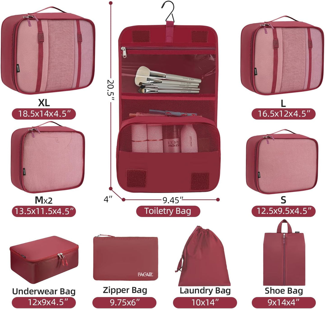 BAGAIL 10er-Set Packwürfel in verschiedenen Grössen Packorganizer für Reisezubehör Handgepäck Koffer