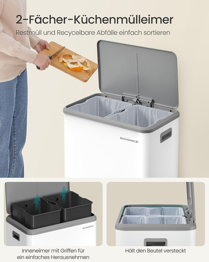 SONGMICS Mülleimer Küche, Mülltrennsystem 2 x 30 L, 2 Fächer für Recycling und Restmüll, Abfalleimer