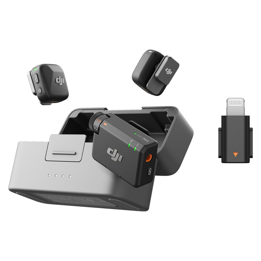 DJI Mic Mini (2 Sender + 1 Empfänger + Ladeschale) mit Mic Mini Handy-Adapter (Lightning), Ultraleic