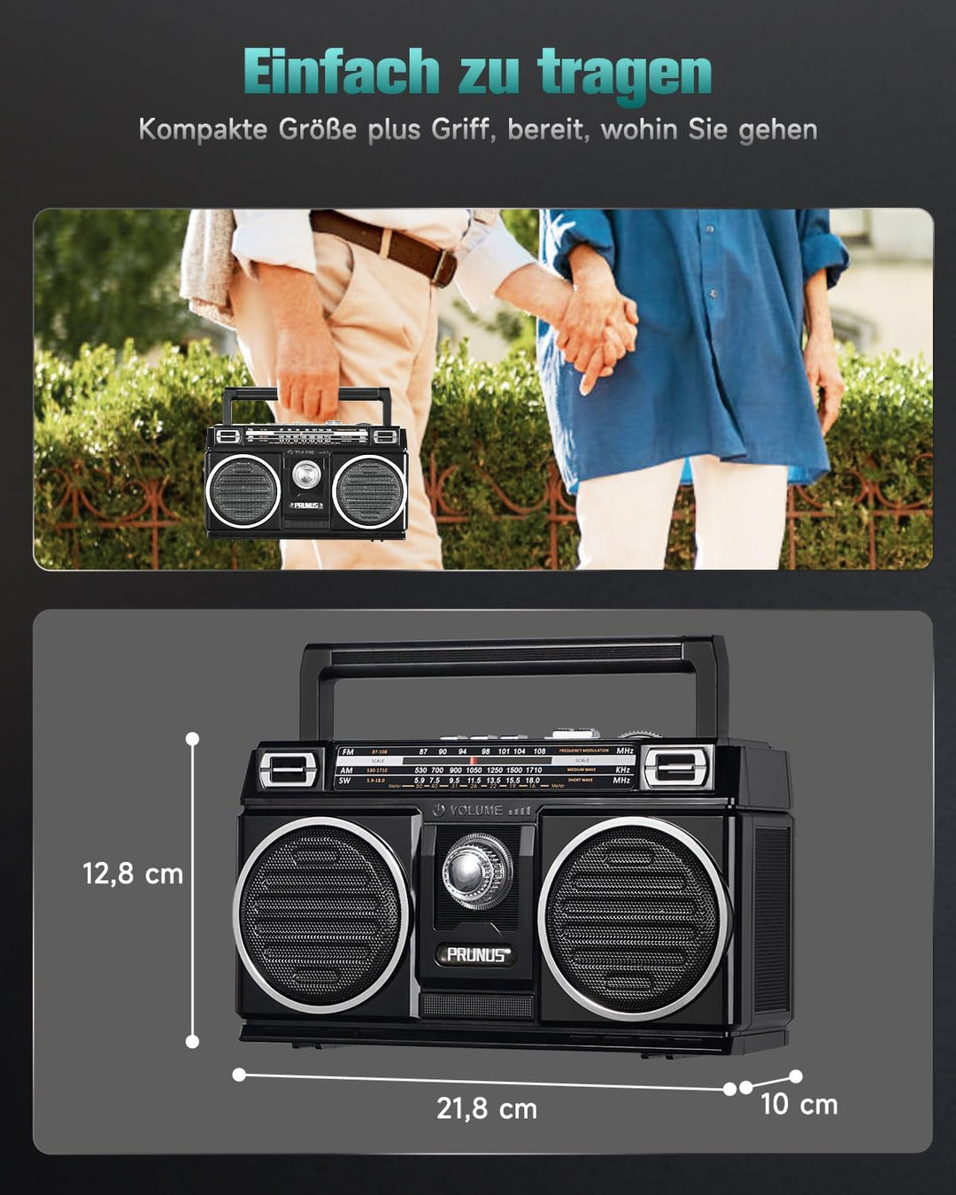 PRUNUS J-750 Retro Radio FM/AM/SW Transistorradio, Tragbares Radio mit 1800mAh Akku, Solar/USB-C Auf