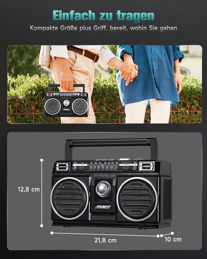 PRUNUS J-750 Retro Radio FM/AM/SW Transistorradio, Tragbares Radio mit 1800mAh Akku, Solar/USB-C Auf