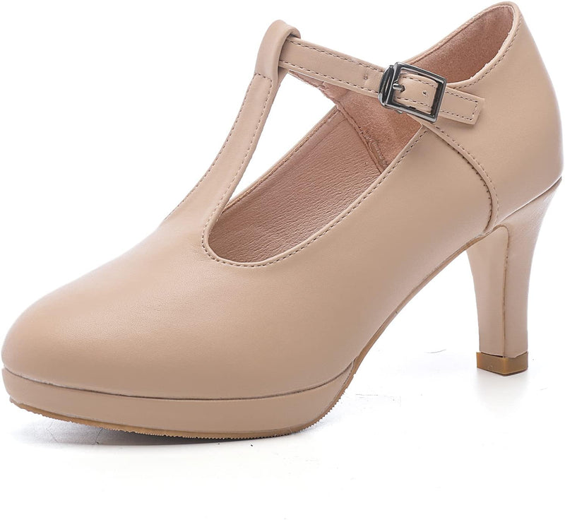 DADAWEN Damen T-Strap Pumps High Heels Plateau Kleid Schuhe 36 EU Beige, 36 EU Beige