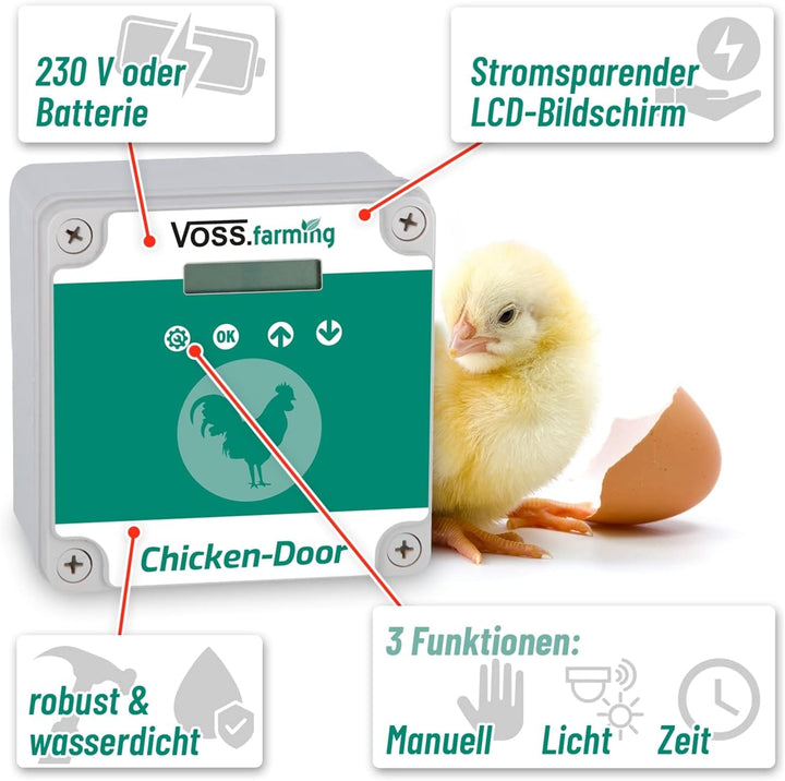 VOSS.farming Set Chicken-Door automatische Hühnertür + Alu Hühnerklappe 300 x 400mm, Türöffnung, Tür