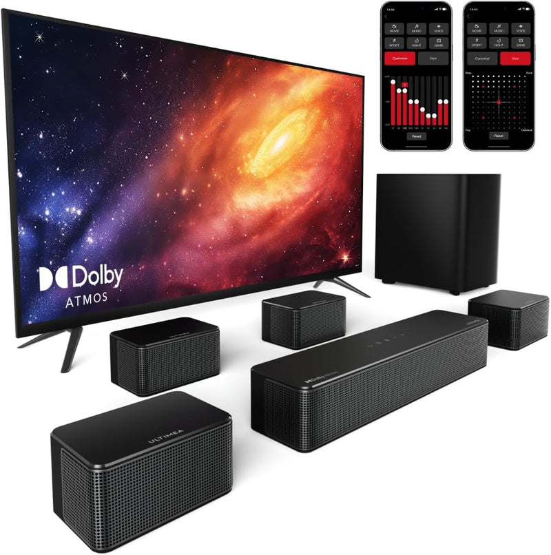 ULTIMEA 7.1 Surround Sound System für TV mit Dolby Atmos, App Steuerung, 4 kabelgebundene Surround-L