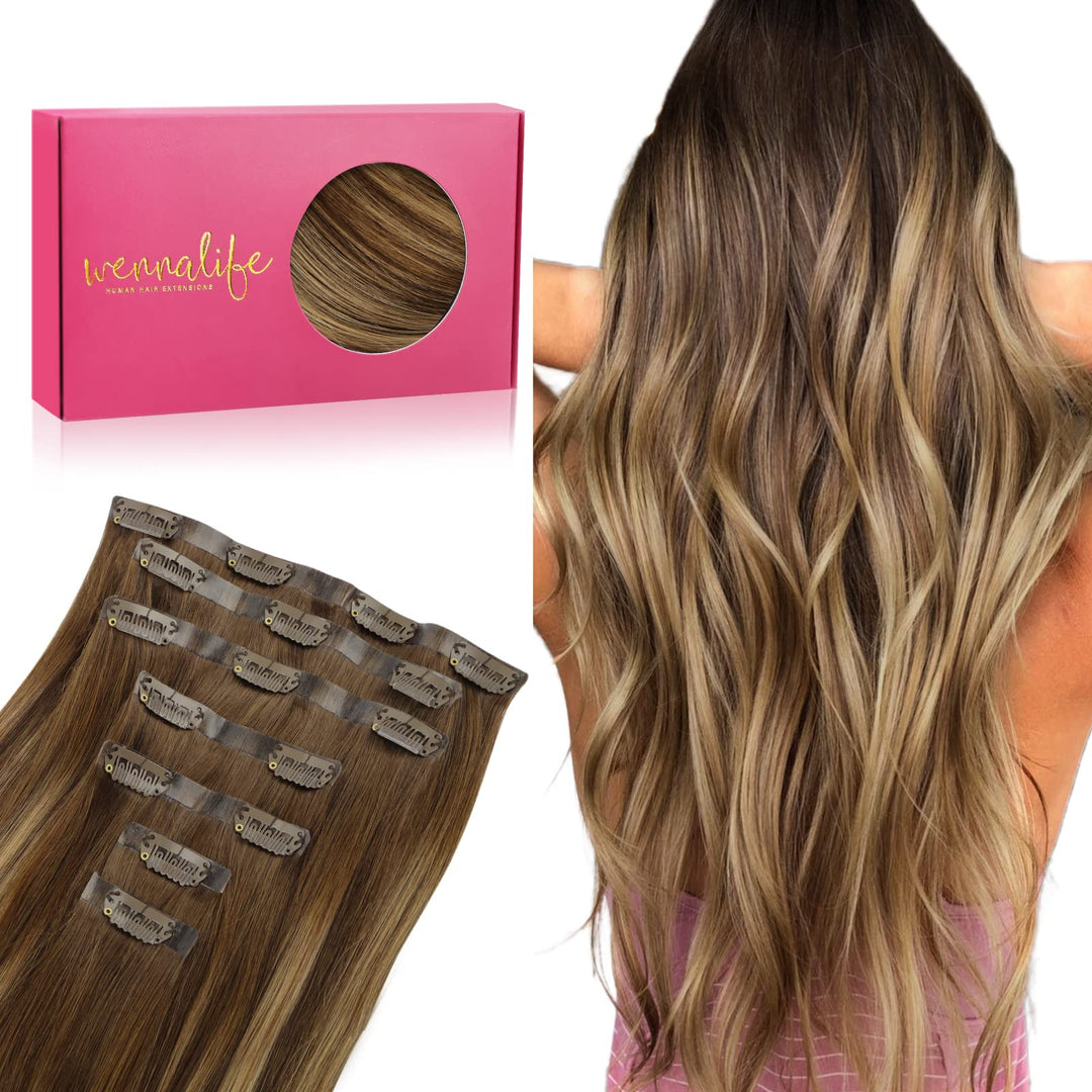 WENNALIFE Nahtlose Clip In Extensions Echthaar, 50cm 7pcs 150g Balayage Schokoladenbraun bis Karamel