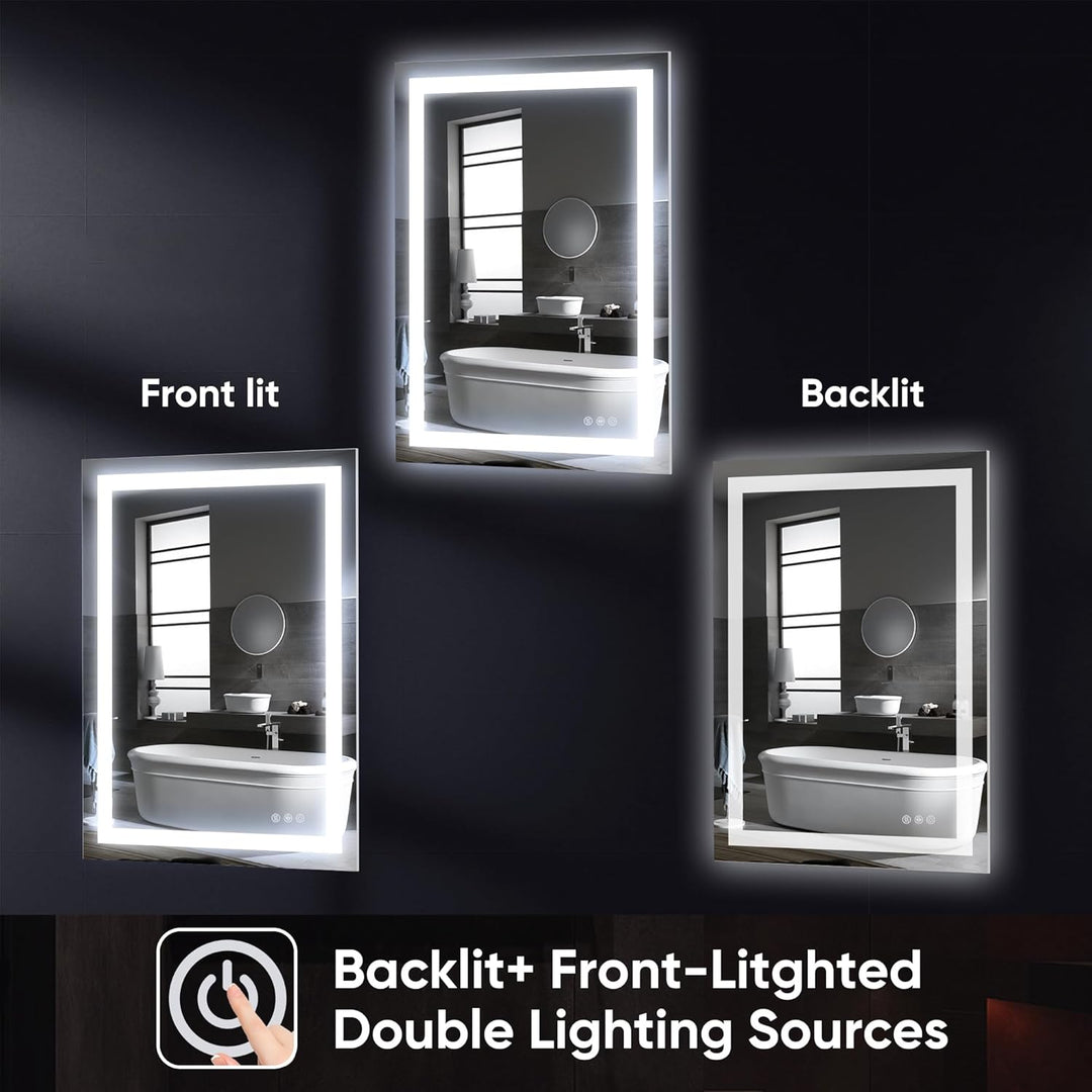 Antok 80x60cm LED Badezimmerspiegel mit Beleuchtung, dimmbarer beschlagfreier Smart-Spiegel mit 3 Fa