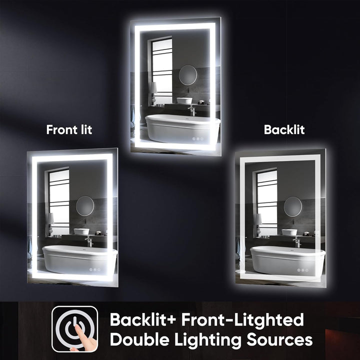 Antok 80x60cm LED Badezimmerspiegel mit Beleuchtung, dimmbarer beschlagfreier Smart-Spiegel mit 3 Fa