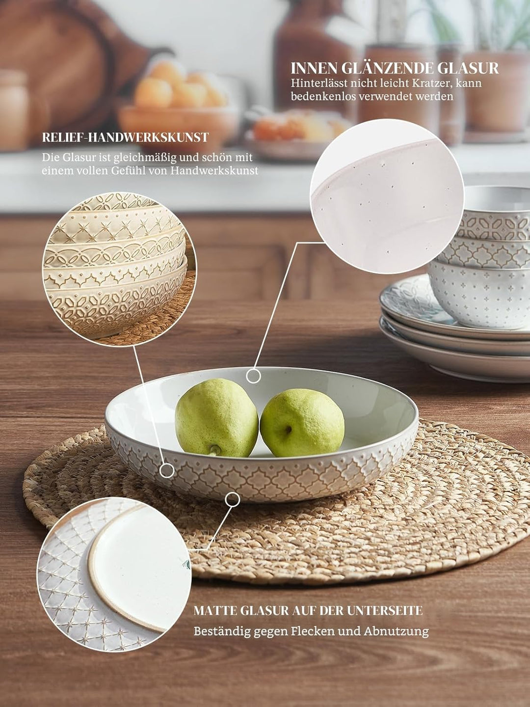 DOWAN Pastateller Gross Tief 4er Set, Ø 21,5 cm Porzellan Suppenteller Tief, Pastaschale Rund, Klass