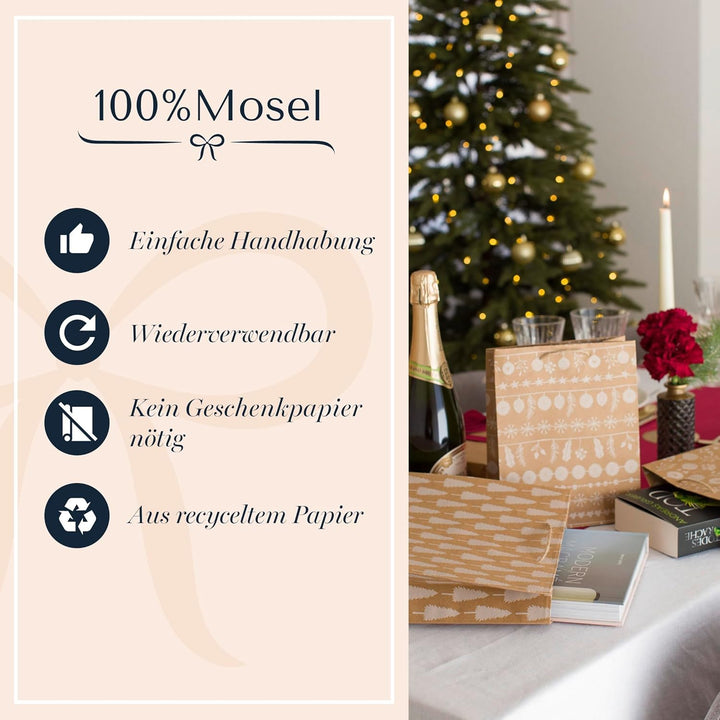100% Mosel Geschenktüten Weihnachten, in Natur/Weiss, 12 Stück (18 x 23 x 8 cm), Weihnachtstaschen a