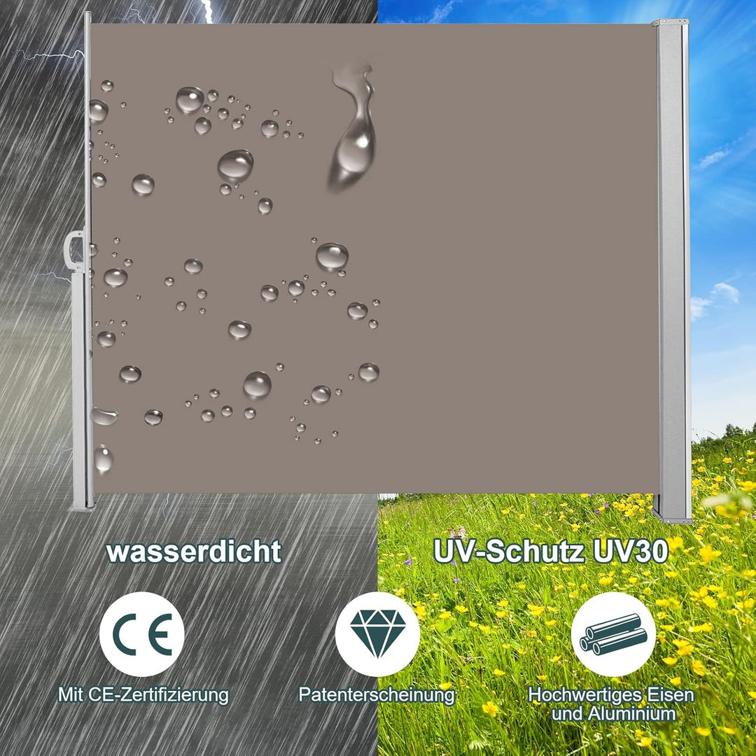 Seitenmarkise 180 x 300 cm Sichtschutz Seitenrollo Brau Markise Sonnenschutz Windschutz mit Bodenhal
